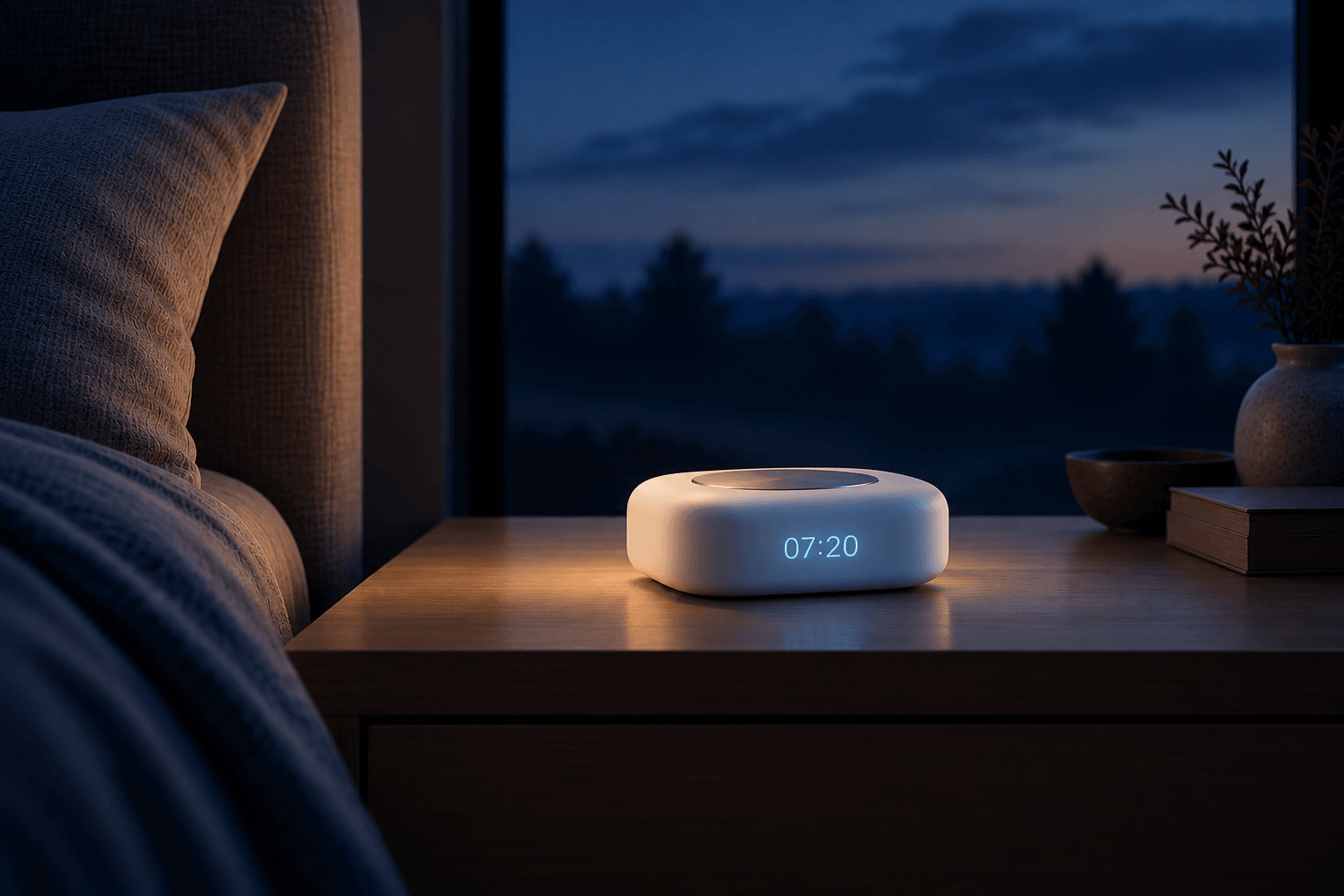 Dream‑1 on a nightstand beside a bed at dusk