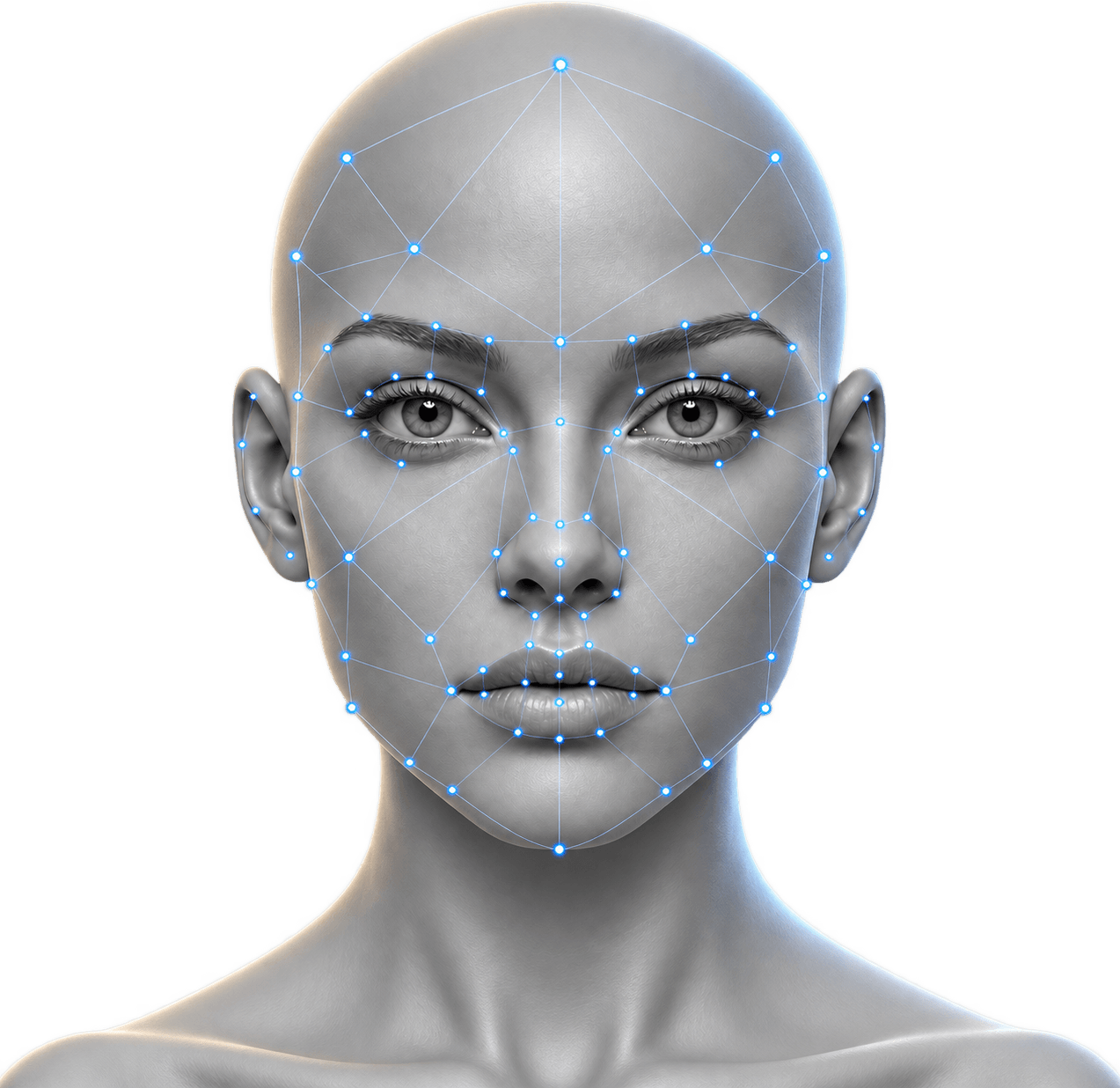 A face mapped with a mesh of tracking points.