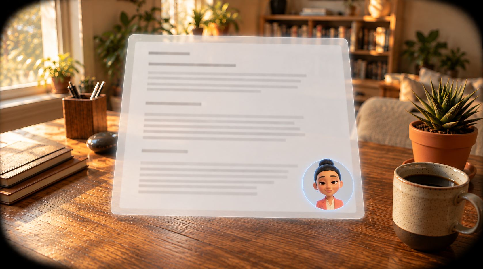 A floating document at a sunlit desk, with a small round avatar of Brenda in its corner.