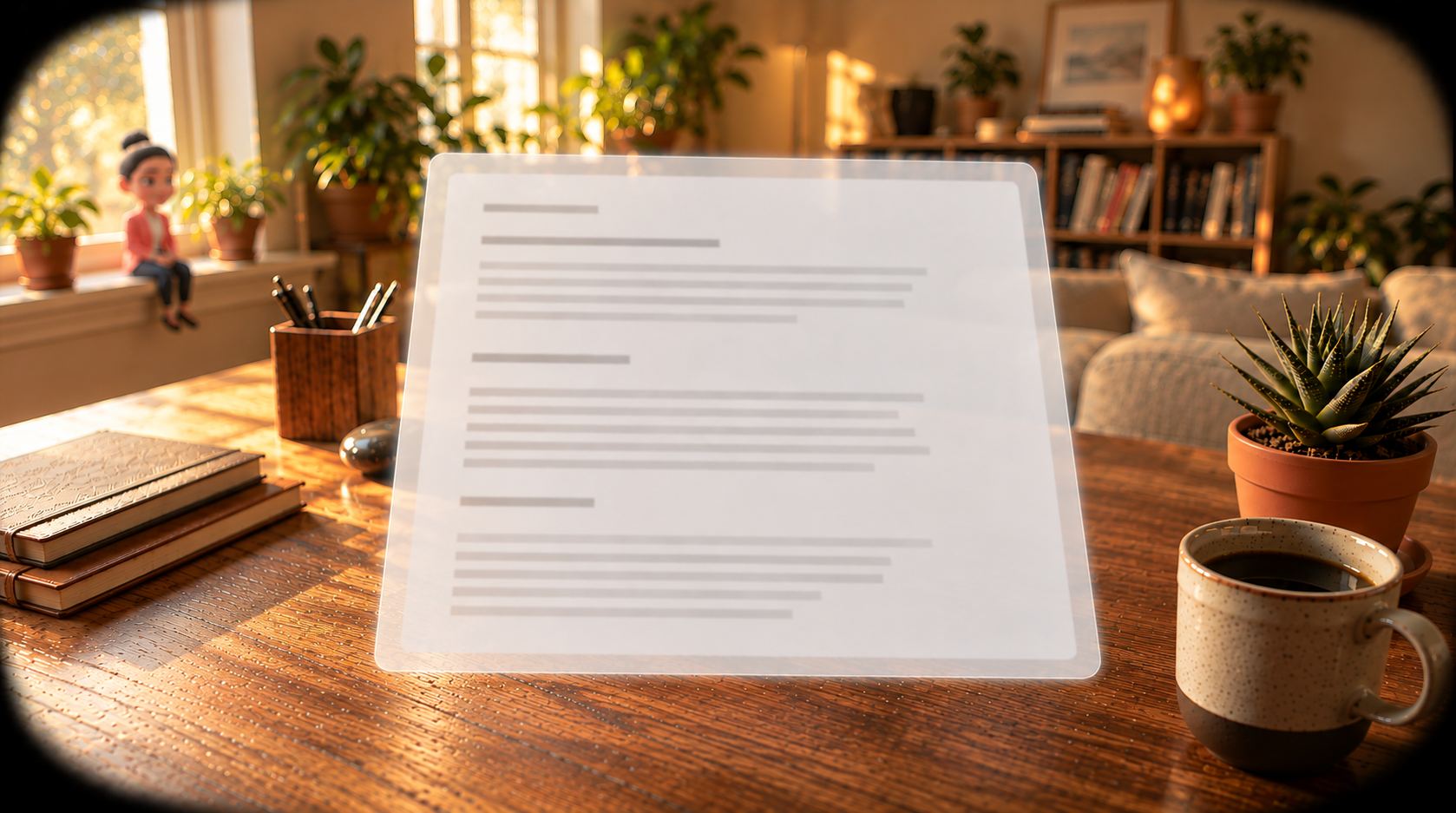 The same desk with no avatar in view. Brenda sits quietly on the windowsill behind it.