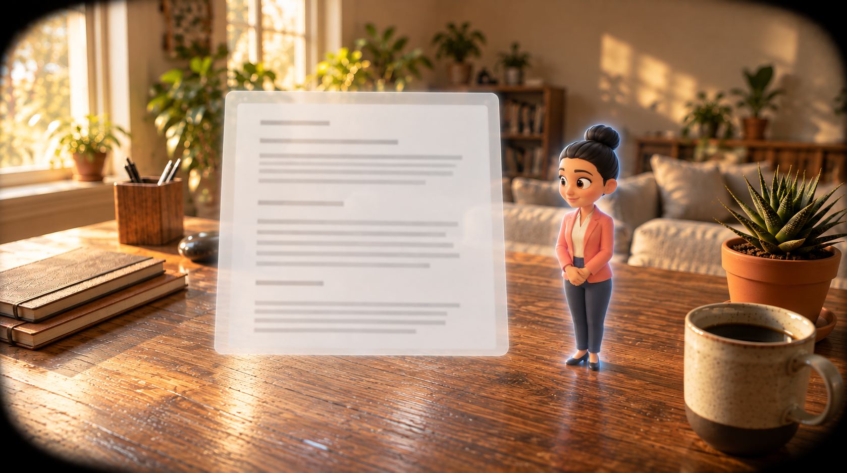 Seen through Dystek Lens, Brenda stands on the desk beside a floating document.