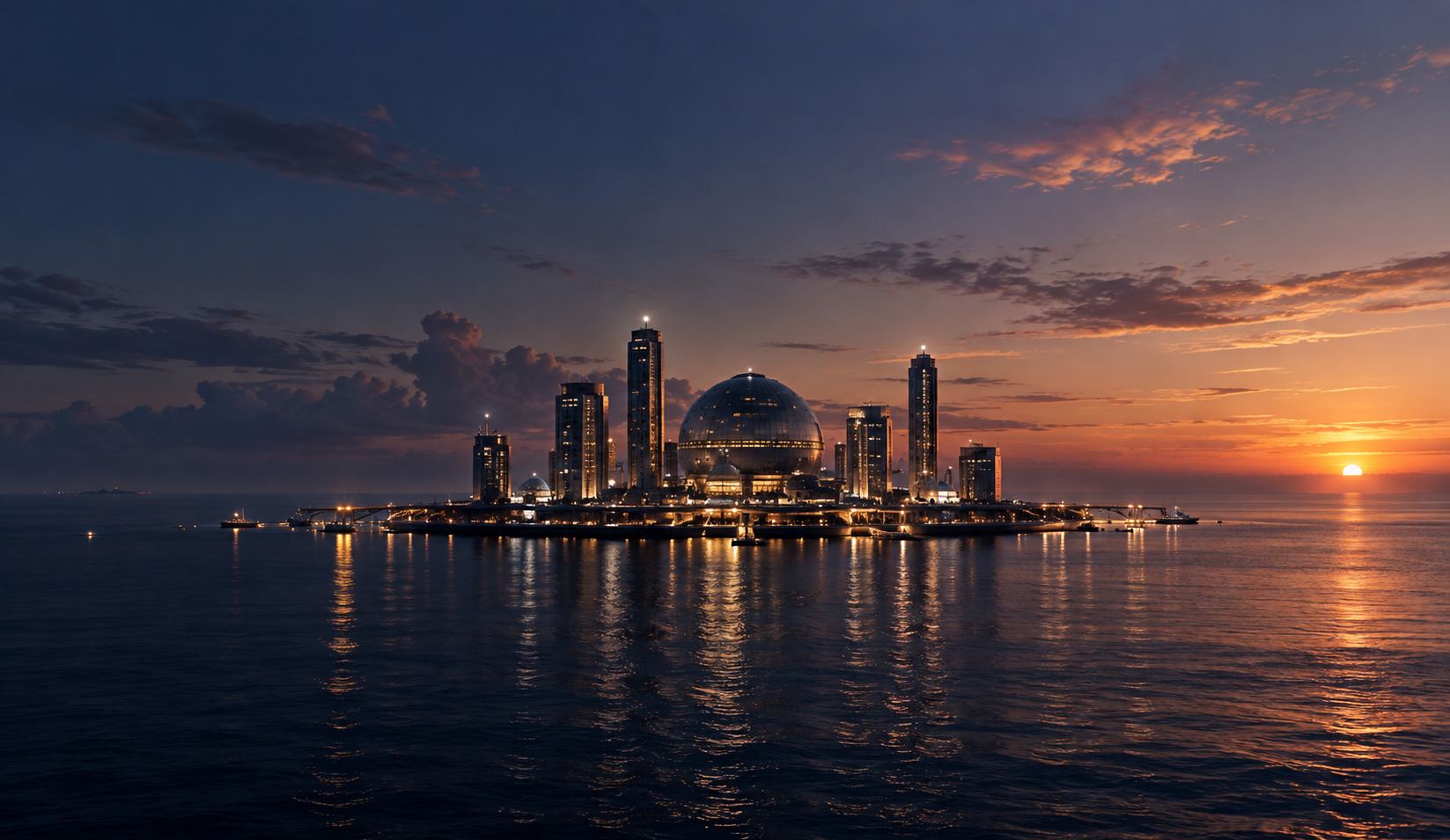 Campus One at dusk, its towers and glass dome lit above the open sea.
